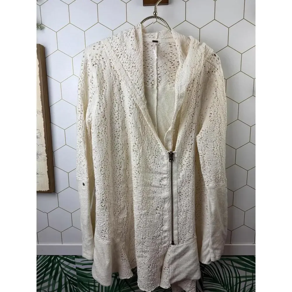 Free People Oversized Ivory Doily Cardigan Side Zip-up Jacket  - Size - Small